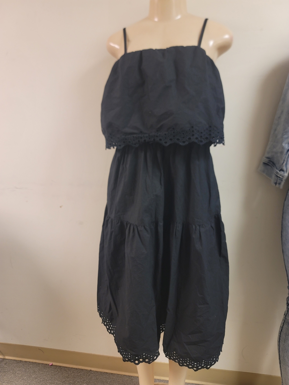 Black Eyelet Tiered Midi Dress with Spaghetti Straps